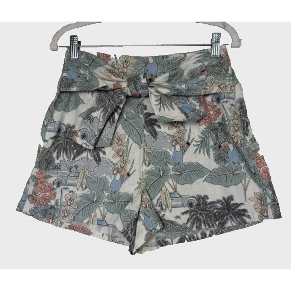 Artisan NY Shorts Womens 4 Tropical Linen High Waist Tie Waist Hawaiian‎ Print